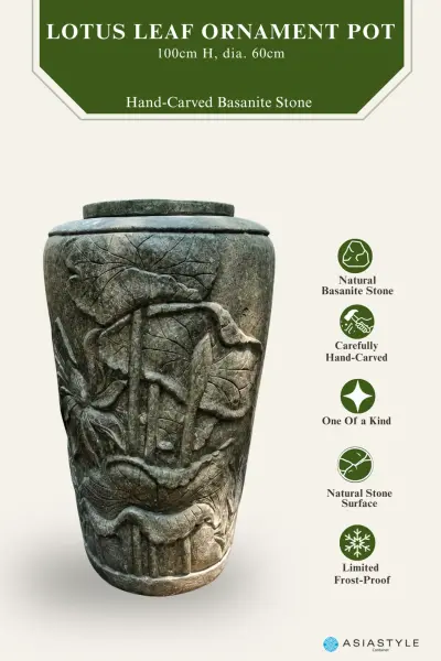 Product image of the product “Pot with Lotus Leaf Ornaments, 100 cm Height, 60 cm Dia, Natural Stone ”